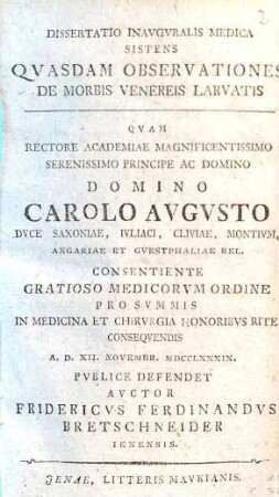 Dissertatio Inauguralis Medica Sistens Quasdam Observationes De Morbis Venereis Larvatis