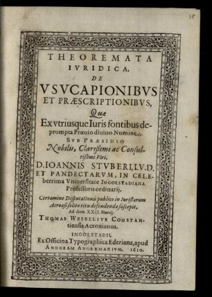 Theoremata Ivridica, De Vsvcapionibvs Et Praescriptionibvs