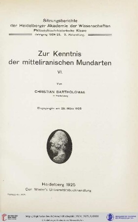 1924/25, 6. Abhandlung: Sitzungsberichte der Heidelberger Akademie der Wissenschaften, Philosophisch-Historische Klasse: Zur Kenntnis der mitteliranischen Mundarten, 6