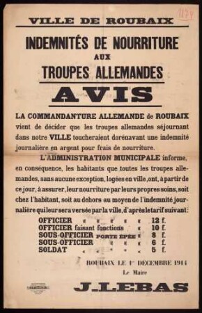 "Indemnités de Nourriture aux Troupes Allemandes"
