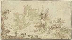 Burgruine, vorne ein Hirte mit Eseln und Schafen