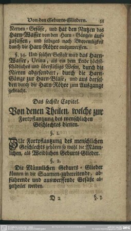 Das sechste Capitel. Von denen Theilen, welche zur Fortpflantzung des menschlichen Geschlechtes dienen