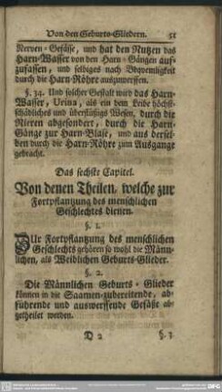 Das sechste Capitel. Von denen Theilen, welche zur Fortpflantzung des menschlichen Geschlechtes dienen