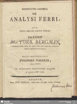 Dissertatio Chemica De Analysi Ferri