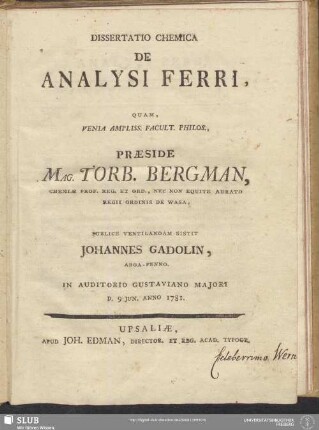 Dissertatio Chemica De Analysi Ferri