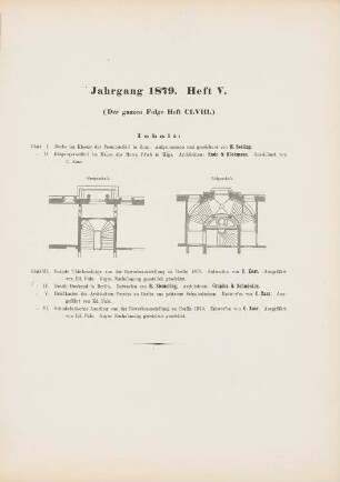 Haus des Herrn Pfab, Riga: Inhaltsverzeichnis, Grundrisse EG und OG, Eingangsvestibül (aus: Architektonisches Skizzenbuch, H. 158/5, 1879)