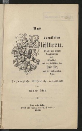 Aus vergilbten Blättern : ernste und heitere Begebenheiten und Aktenstücke aus der Geschichte der Stadt Diez und der umliegenden Orte
