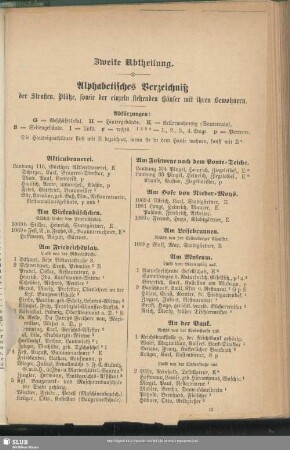 Zweite Abtheilung. Häuserbuch : Zweite Abtheilung. Alphabetisches Verzeichniß der Straßen, Plätze, sowie der einzeln stehenden Häuser mit ihren Bewohnern
