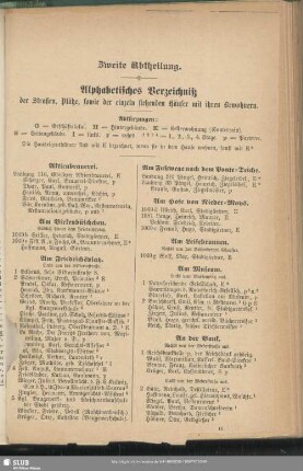 Zweite Abtheilung. Häuserbuch : Zweite Abtheilung. Alphabetisches Verzeichniß der Straßen, Plätze, sowie der einzeln stehenden Häuser mit ihren Bewohnern