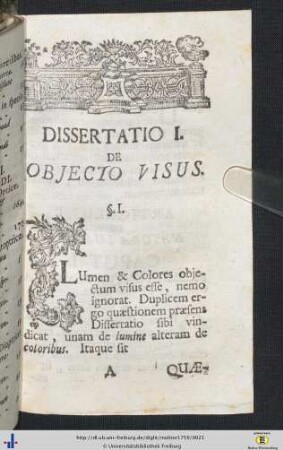 Dissertatio I. De objecto visionis.