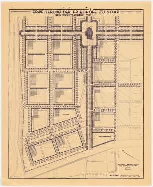 Erweiterung der Friedhöfe, Stolp: (Lichtpause von Inv.-Nr. 41163): Grundriss des nordwestlichen Teils der geplanten Erweiterung des Friedhofs mit Höhenlinien 1:500, Maßstabsleiste