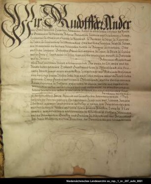 Kaiser Rudolf II. bestätigt den eingerückten Ehevertrag des Grafen Enno III. vom 18 Oktober 1597 Ausstellungsort: Prag Anhängendes Siegel erhalten; Unterschrift