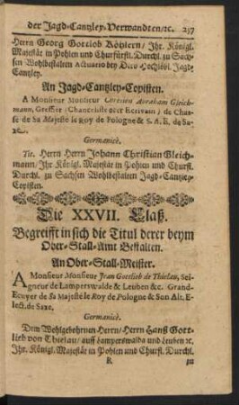 Die XXVII. Claß. Begreifft in sich die Titul derer beym Ober-Stall-Amt-Bestalten