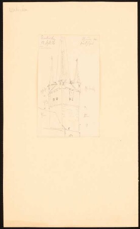 Kirche, Neukirchen: Perspektivische Ansicht des Turmes der Kirche an der Ostseite