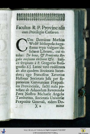 Facultas R. P. Provincialis com Privilegio Caesareo