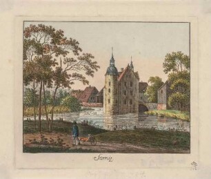 Das Wasserschloss in Sornitz (Käbschütztal-Sornitz) in Sachsen, im Vordergrund Mann mit Kind auf Schubkarre, aus einer Reihe