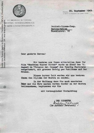 Brief von Internationale Filmfestspiele Venedig an CCC, 20.09.1949 (Reproduktion)
