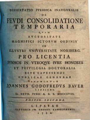 Dissertatio Ivridica Inavgvralis De Fevdi Consolidatione Temporaria