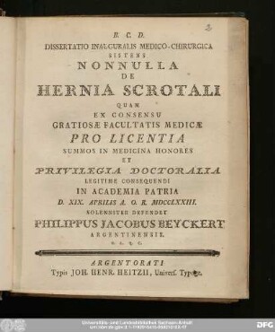 Dissertatio Inauguralis Medico-Chirurgica Sistens Nonnulla De Hernia Scrotali