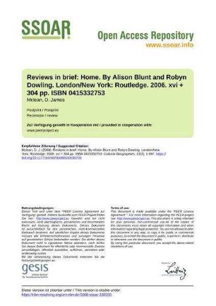 Reviews in brief: Home. By Alison Blunt and Robyn Dowling. London/New York: Routledge. 2006. xvi + 304 pp. ISBN 0415332753