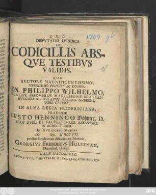 Dispvtatio Ivridica De Codicillis Absqve Testibvs Validis