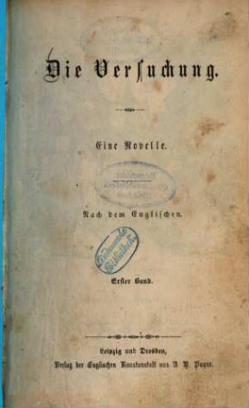 Die Versuchung : Eine Novelle. Nach dem Englischen, 1