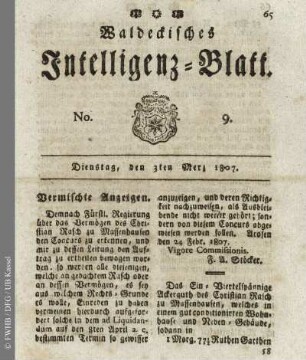 No. 9, Dienstag, den 3ten Merz 1807