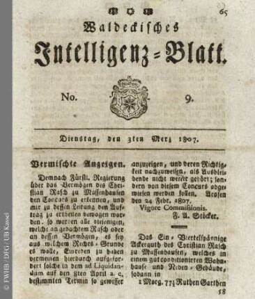 No. 9, Dienstag, den 3ten Merz 1807