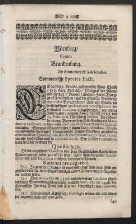 Nürnberg/ Contra Brandenburg. Die Brandenburgische Zölle betreffent. Summarische Species Facti.