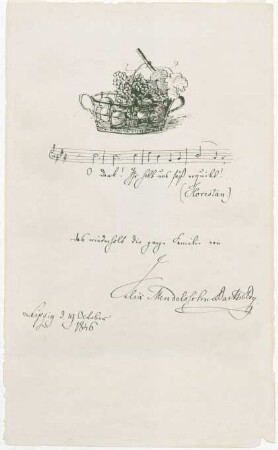 Albumblatt mit Musikzitat und Zeichnung