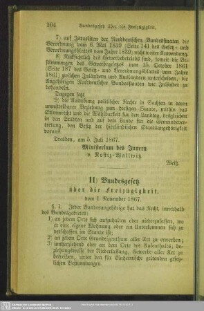 11) Bundesgesetz über die Freizügigkeit : vom 1. November 1867