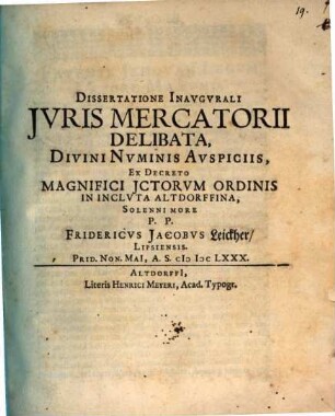 Dissertatione Inavgvralis Jvris Mercatorii Delibata
