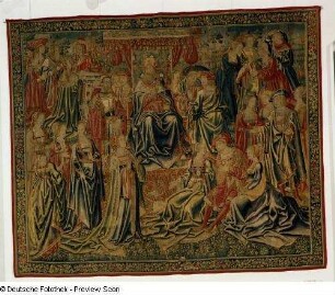 Danae fleht ihren Vater Akrisius an, den kleinen Perseus am Leben zu lassen (Bildteppich)