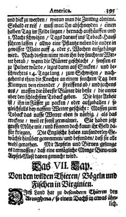 Das VII. Kap. - Von den wilden Thieren, Vögeln und Fischen in Virginien