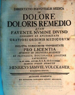 Diss. inaug. med. de dolore, doloris remedio