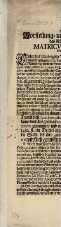 Fernere Vorstellung- und Erläuterungen das Nürnbergische Matricvlar-Geschäfft betreffend