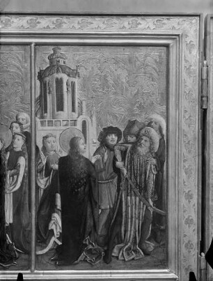 Barbara-Altar — Szenen aus dem Leben der heiligen Barbara — Dioskuros will das Schwert gegen Barbara zeiehn