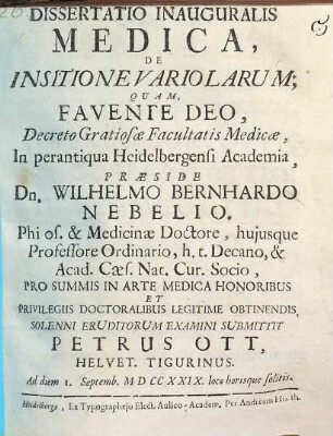 Dissertatio Inauguralis Medica, De Insitione Variolarum