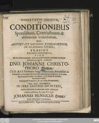 Dissertatio Iuridica, De Conditionibus Sponsalium, Contractuum & ultimarum voluntatum