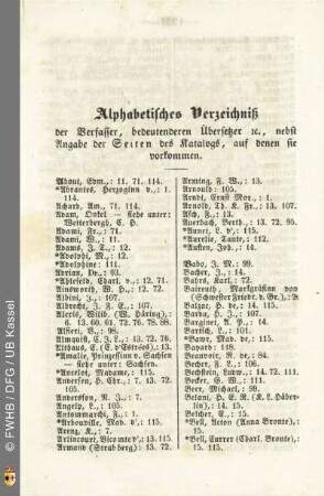 D. Alphabetisches Verzeichniß der Verfasser, bedeutenderen Übersetzer etc., nebst Angabe der Seiten des Katalogs, auf denen sie vorkommen