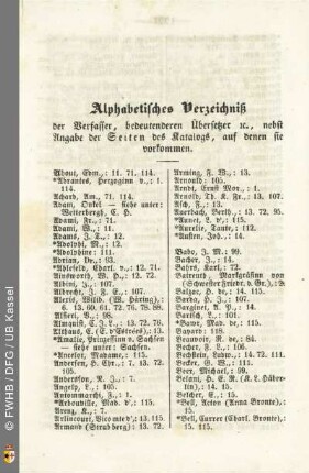 D. Alphabetisches Verzeichniß der Verfasser, bedeutenderen Übersetzer etc., nebst Angabe der Seiten des Katalogs, auf denen sie vorkommen