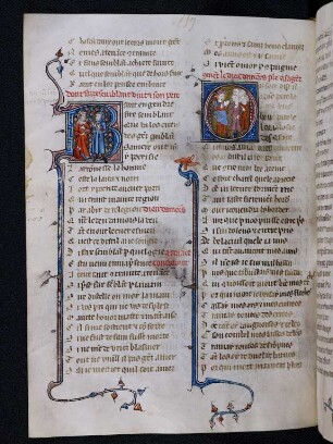 Deckfarbeninitialen, historisiert: B (Faux Semblant vint et son pere) und O (Le dieu d'amours parle a sa gent)