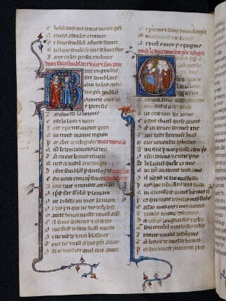 Deckfarbeninitialen, historisiert: B (Faux Semblant vint et son pere) und O (Le dieu d'amours parle a sa gent)