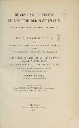 Humes und Berkeleys Philosophie der Mathematik vergleichend und kritisch dargestellt