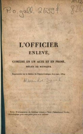 L' officier enlev́e : comédie en un acte et en prose