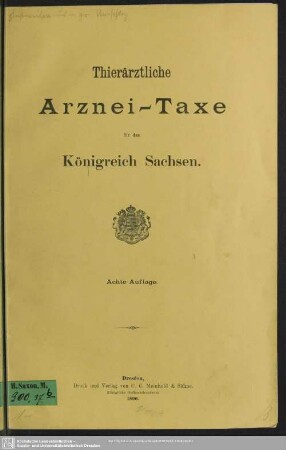8.1896: Thierärztliche Arznei-Taxe für das Königreich Sachsen