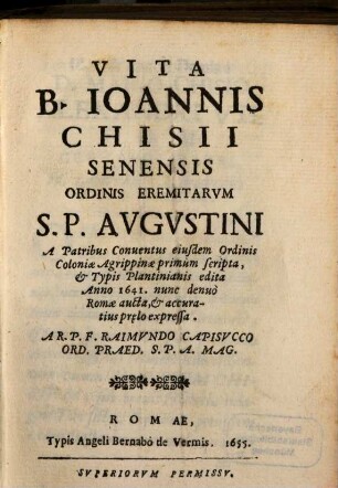 Vita beati Joannis Chisii Senensis