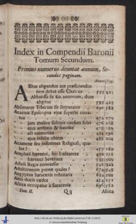 Index In Compendii Baronii Tomum Secundum.