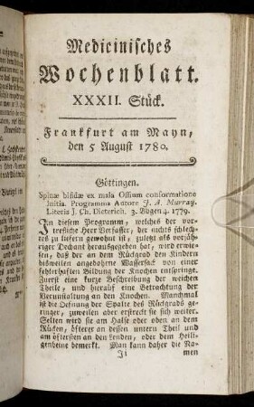 XXXII. Stück. Frankfurt am Mayn, den 5 August 1780. - XXXV. Stück. Frankfurt am Mayn, den 26 August 1780.
