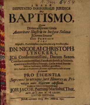 Disputatio Inauguralis Juridica De Baptismo